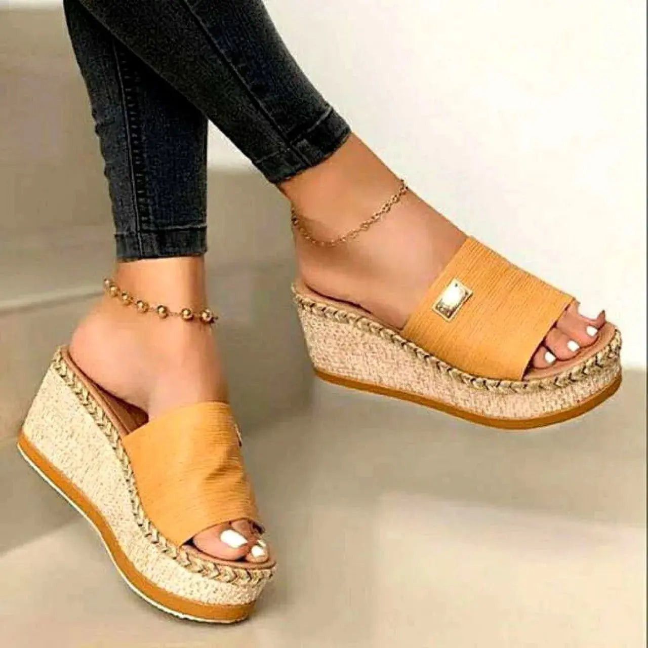 Women's woven jute wedge sandals slip-on open toe summer style with natural textured platform