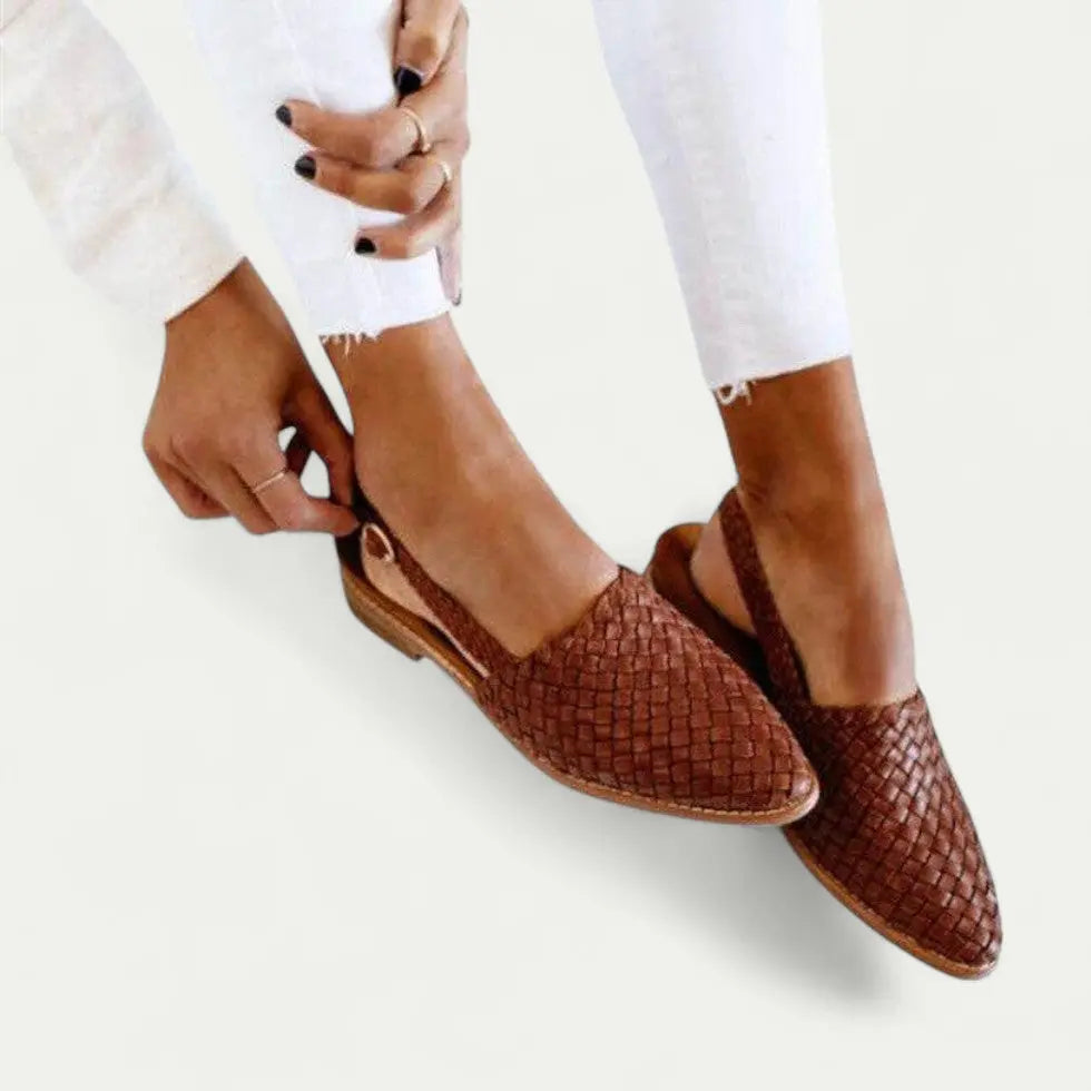 Women's woven slingback flats in neutral tones, breathable vegan PU upper with cushioned sole