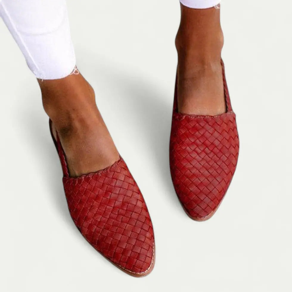 Women's woven slingback flats in neutral tones, breathable vegan PU upper with cushioned rubber sole