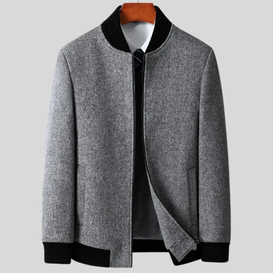 Men's herringbone wool overcoat in classic tones, slim fit with quilted lining and ribbed contrast details