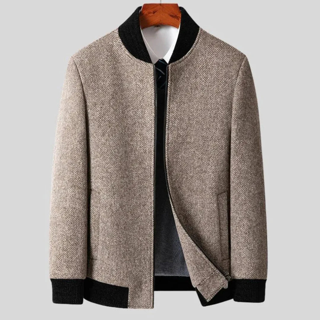 Men's herringbone wool overcoat, slim-fit, quilted lining, ribbed contrast details, lightweight warmth