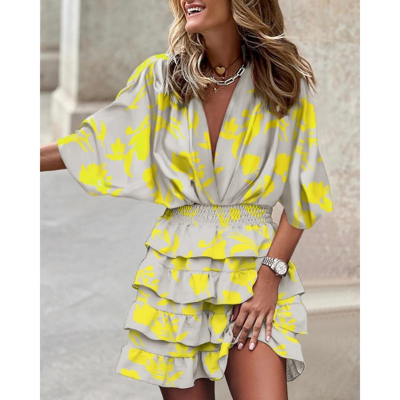 Bohemian wrap mini dress women flowy silhouette front-wrap detail vacation brunch daytime style