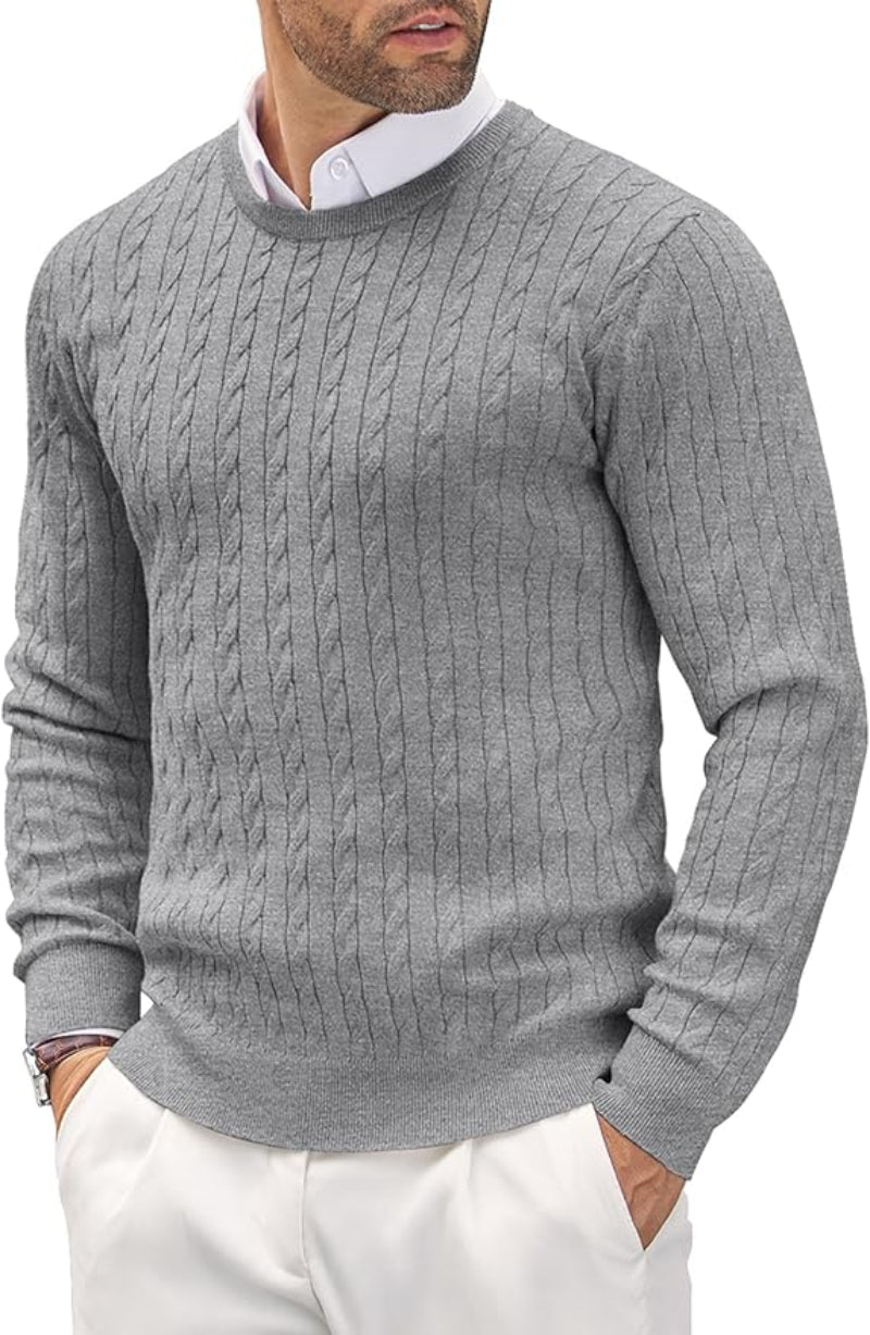 Men's slim fit fine knit cotton sweater round neck, clean modern silhouette in neutral tone