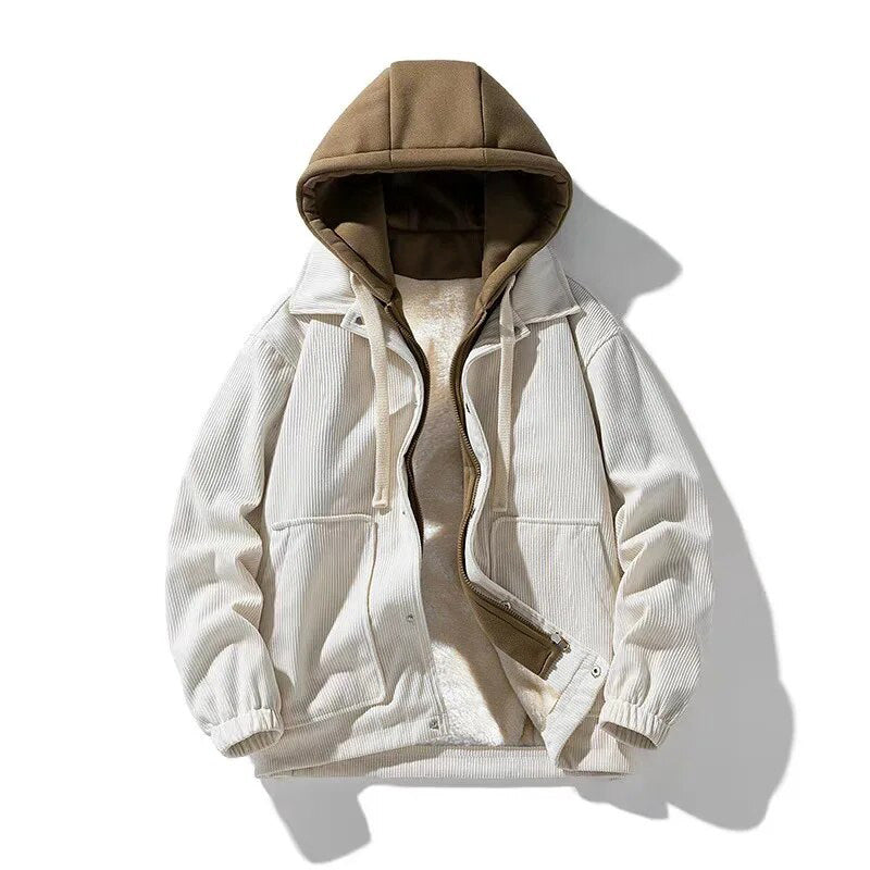Men's lined corduroy hooded jacket casual urban style durable cozy outerwear cold weather