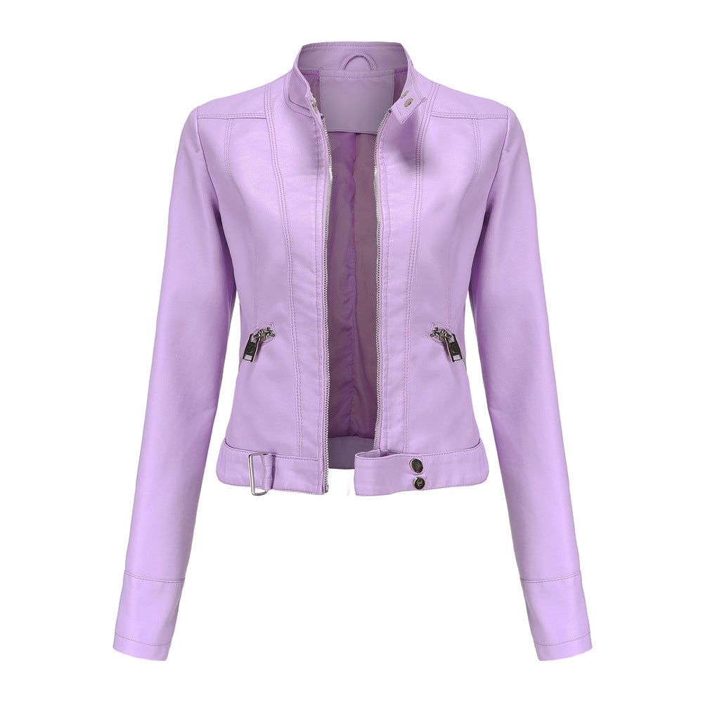 Women's slim fit stand-up collar jacket with clean front zipper, versatile casual elegant style
