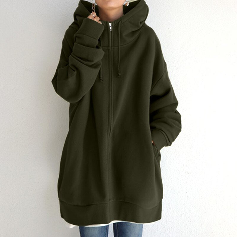 Women's oversized winter hoodie jacket in cozy neutral tones with flattering silhouette for layering