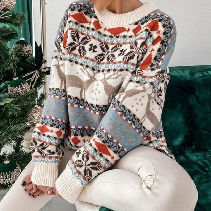 Women's Fair Isle knit Christmas sweater with reindeer snowflake motifs relaxed plush cozy holiday fit