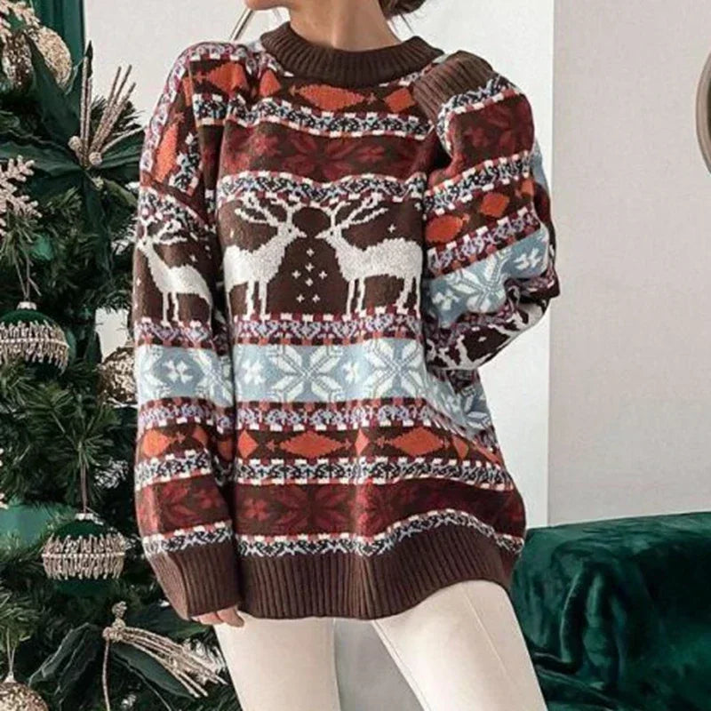 Women's Fair Isle Christmas sweater reindeer snowflake knit plush relaxed fit cozy holiday style