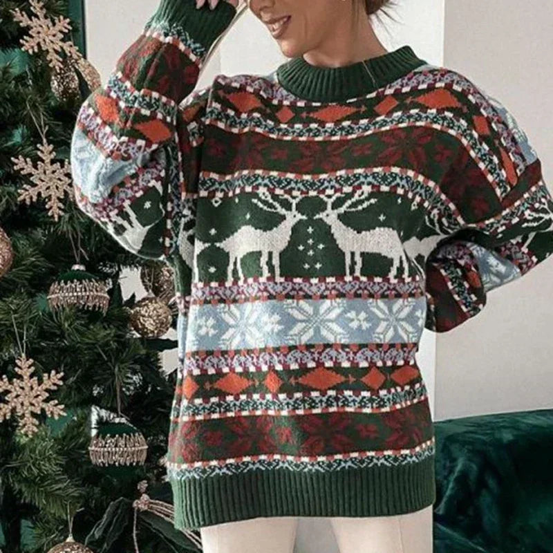Women's Fair Isle knit Christmas sweater with reindeer snowflake motifs plush relaxed fit holiday style