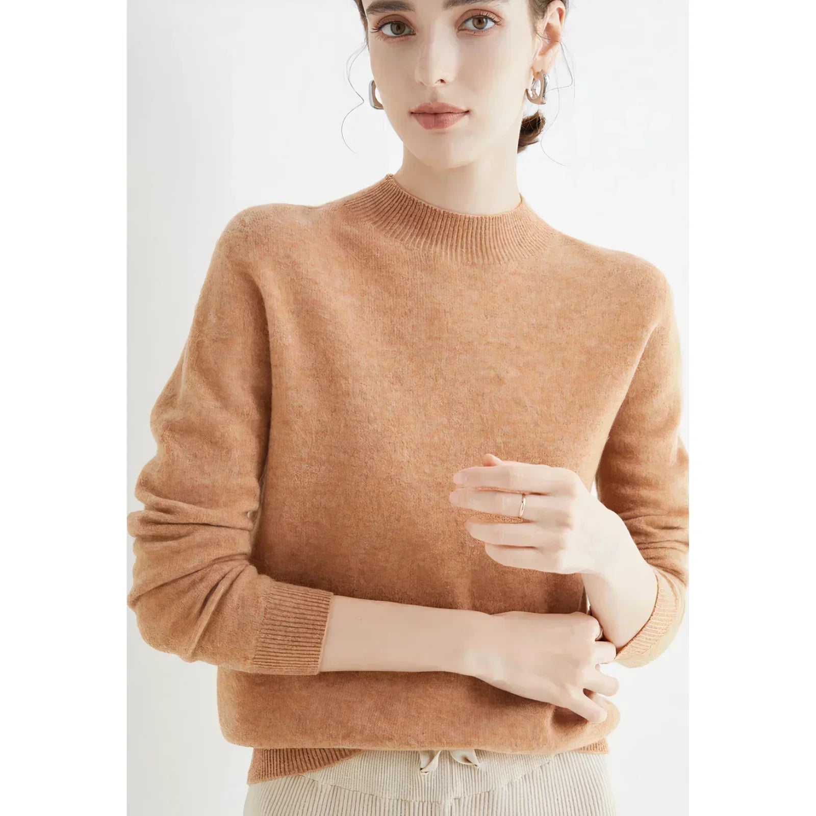 Women's ivory cashmere knit sweater, soft classic silhouette with premium ultra-soft luxurious comfort