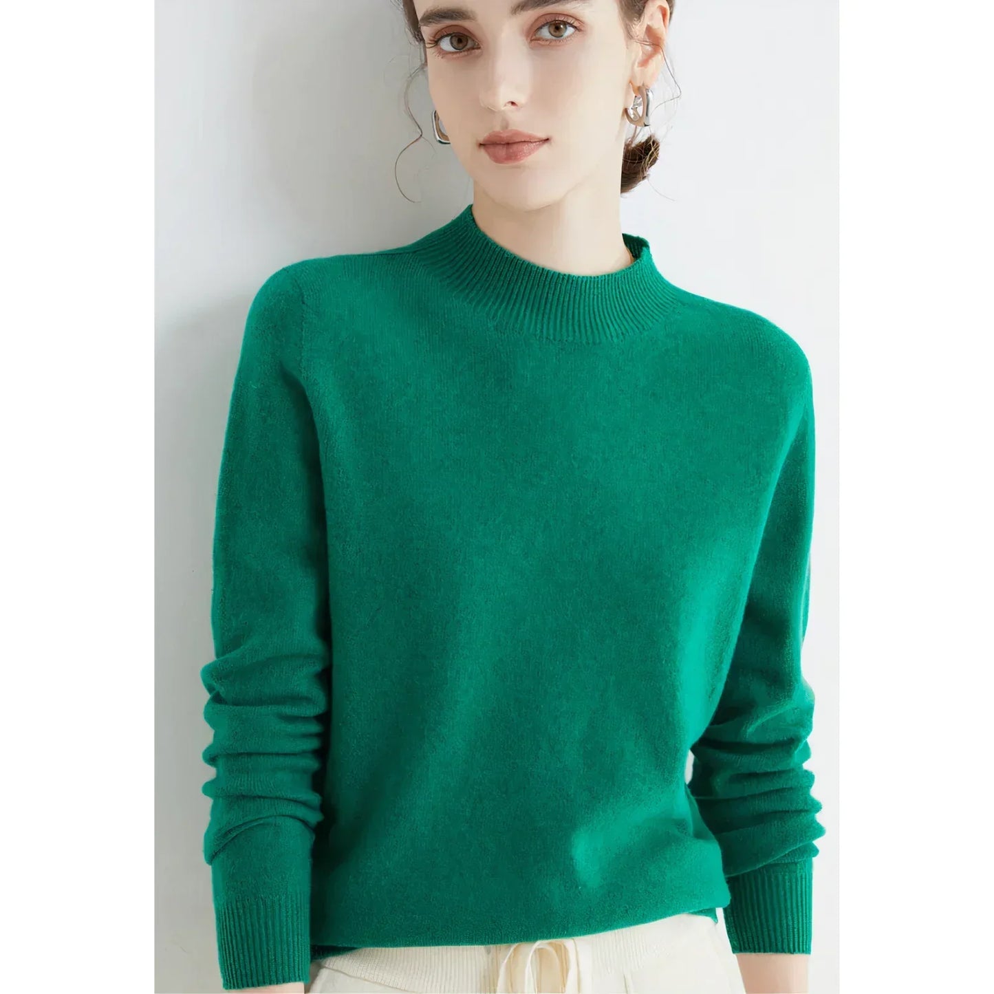 Women's ivory cashmere knit sweater, luxuriously soft classic jumper with smooth flattering silhouette