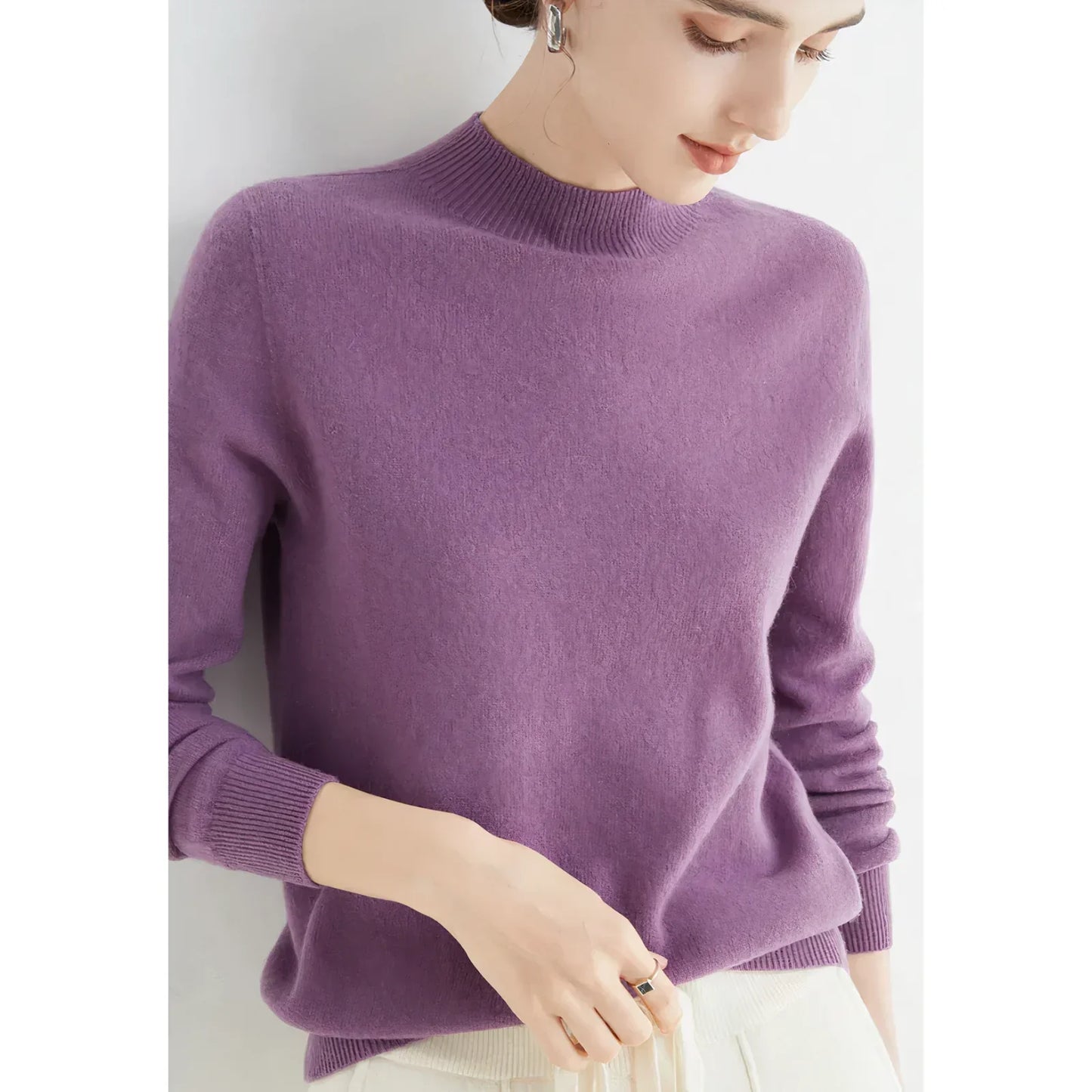 Women's ivory cashmere knit sweater, classic silhouette, ultra-soft luxurious premium knit