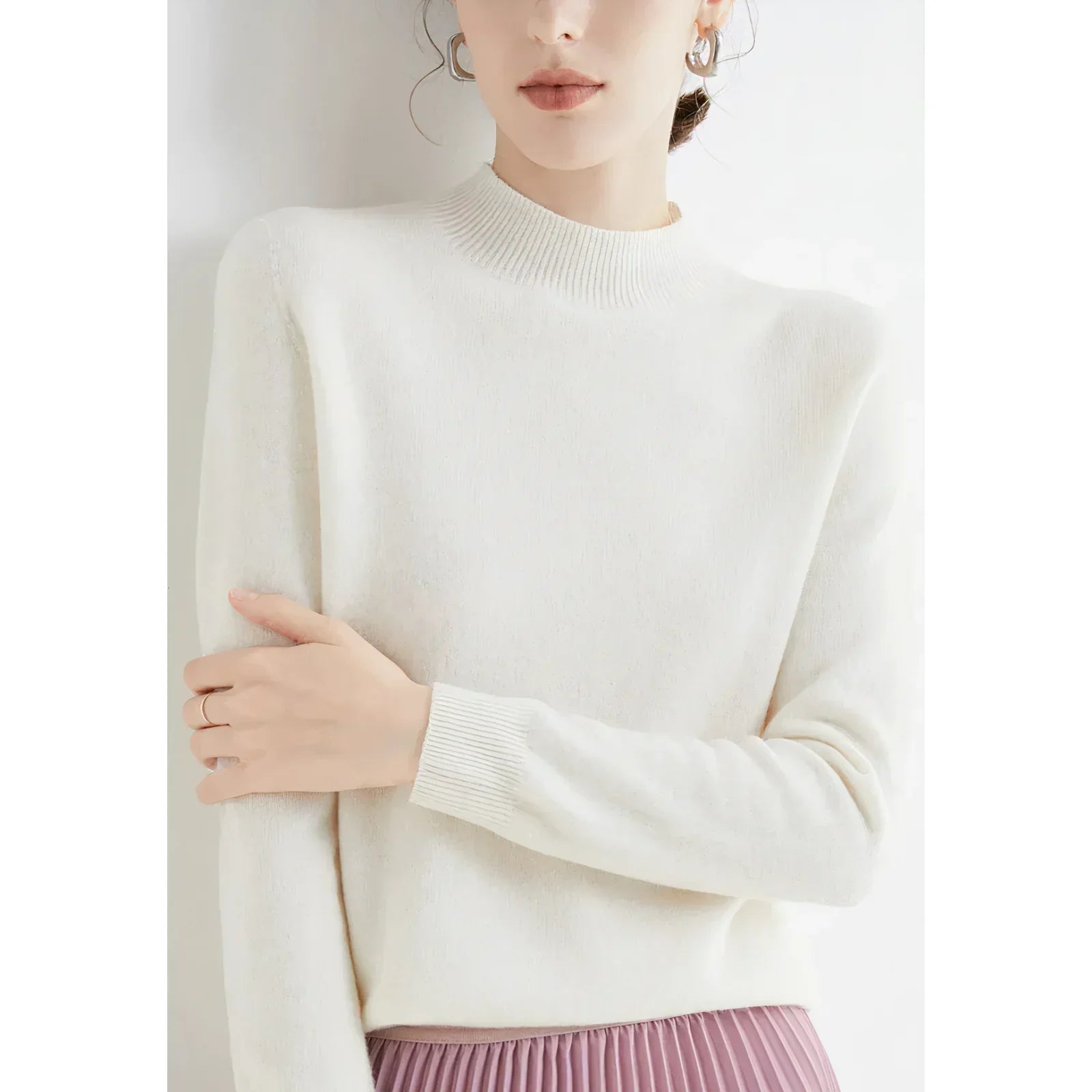 Women's ivory cashmere knit sweater, ultra-soft classic jumper with flattering silhouette