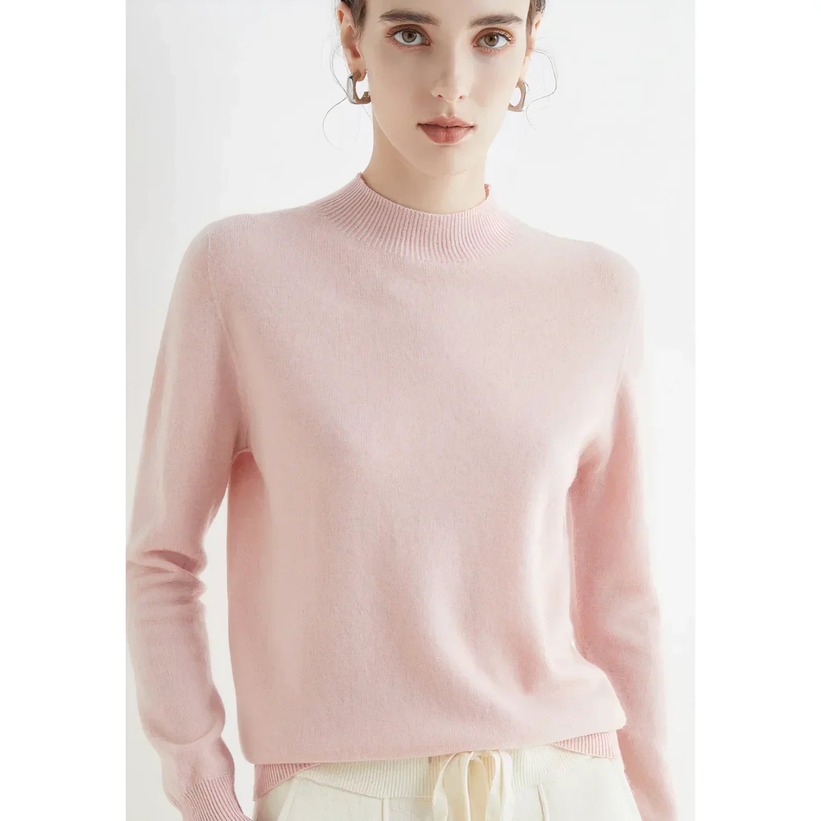Women's ivory cashmere knit sweater, ultra-soft classic jumper with flattering silhouette