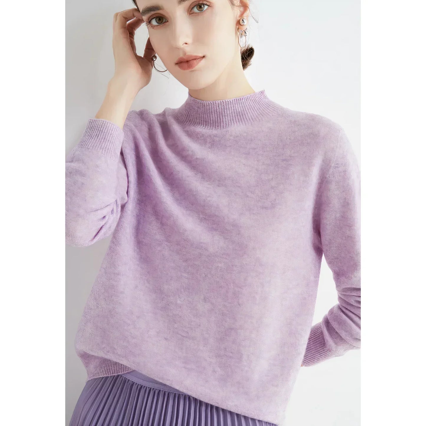 Women's ivory cashmere knit sweater, classic relaxed fit with ultra-soft luxurious texture