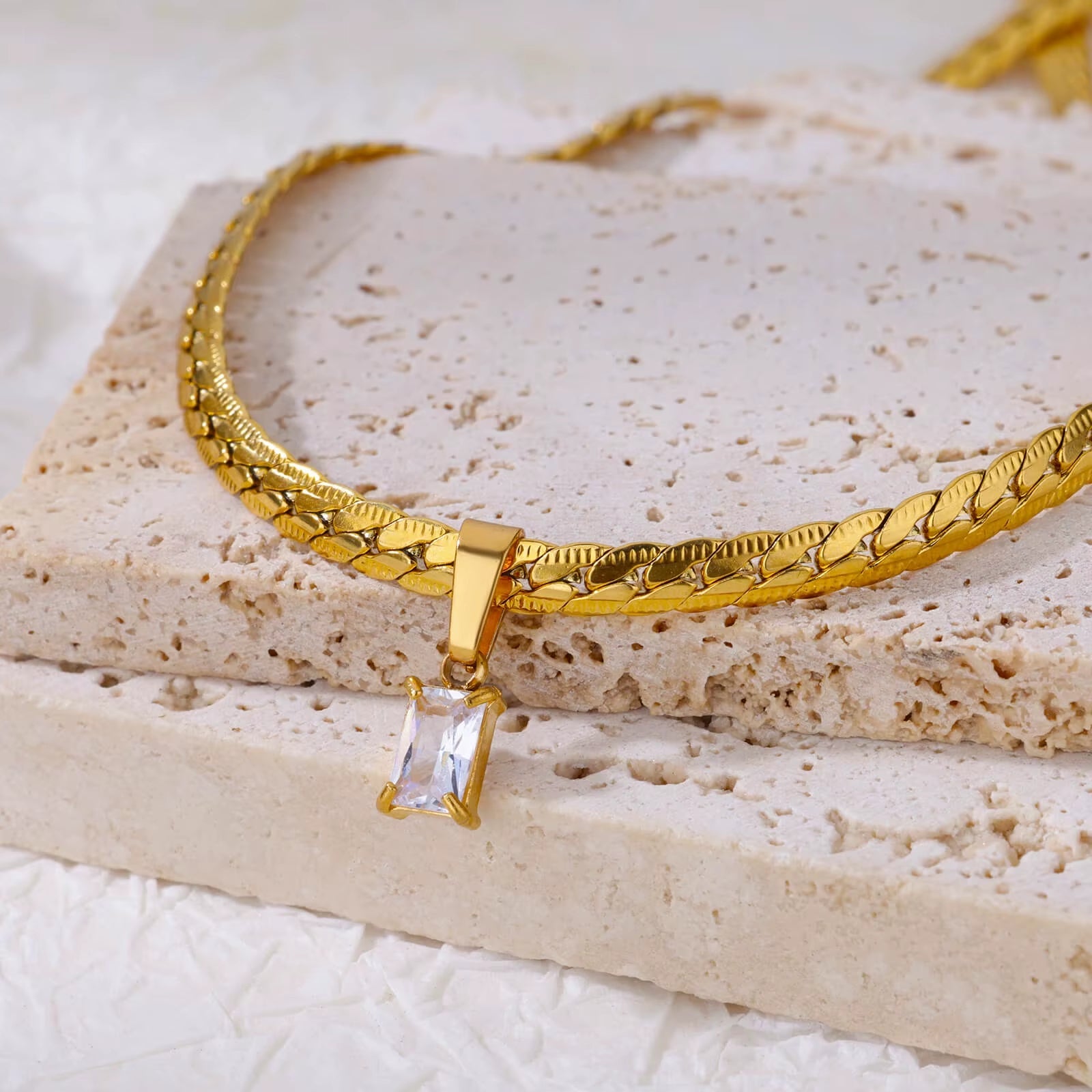Emerald-cut zircon necklace set women adjustable herringbone chain stainless steel high-shine finish
