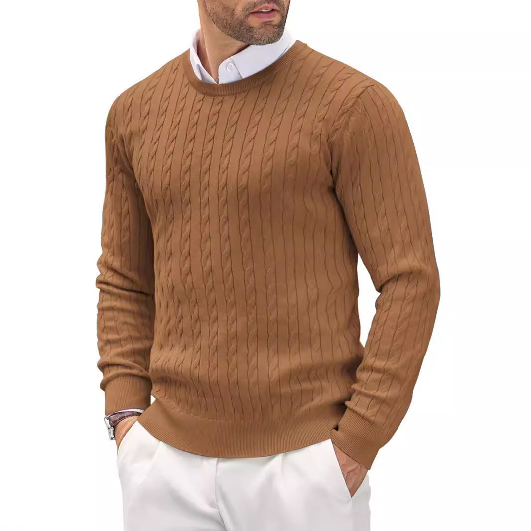 Men's slim fit fine knit cotton sweater, round neck, clean modern silhouette in neutral tone
