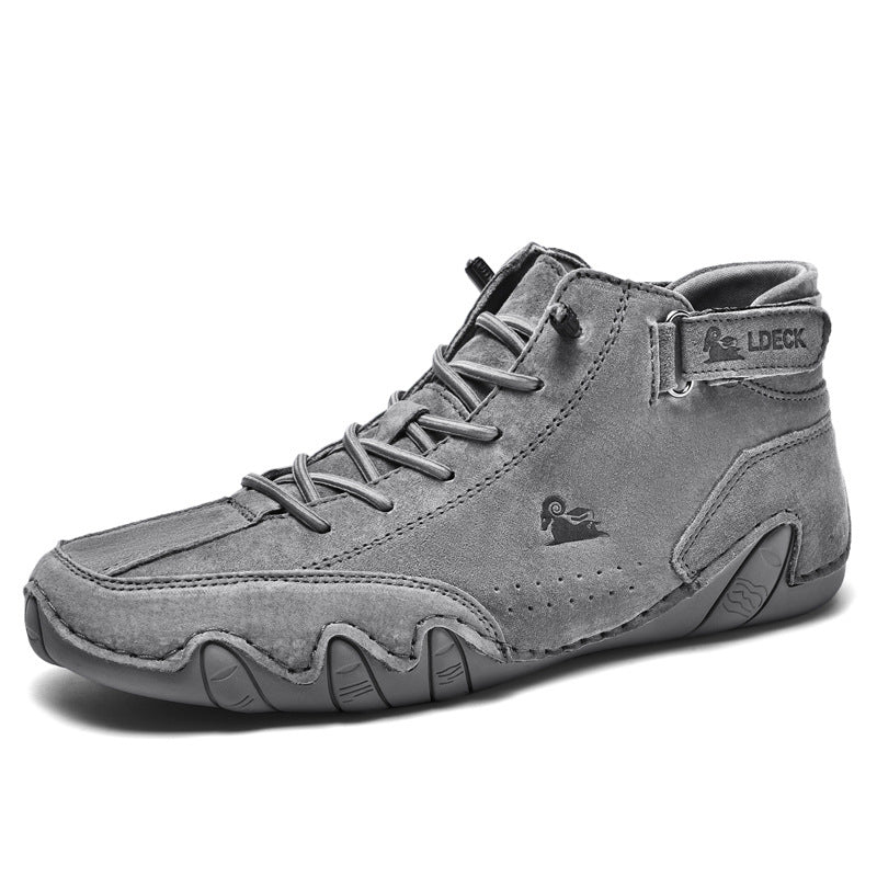 Men's high top premium leather sneakers lace-up velcro closure white urban street style