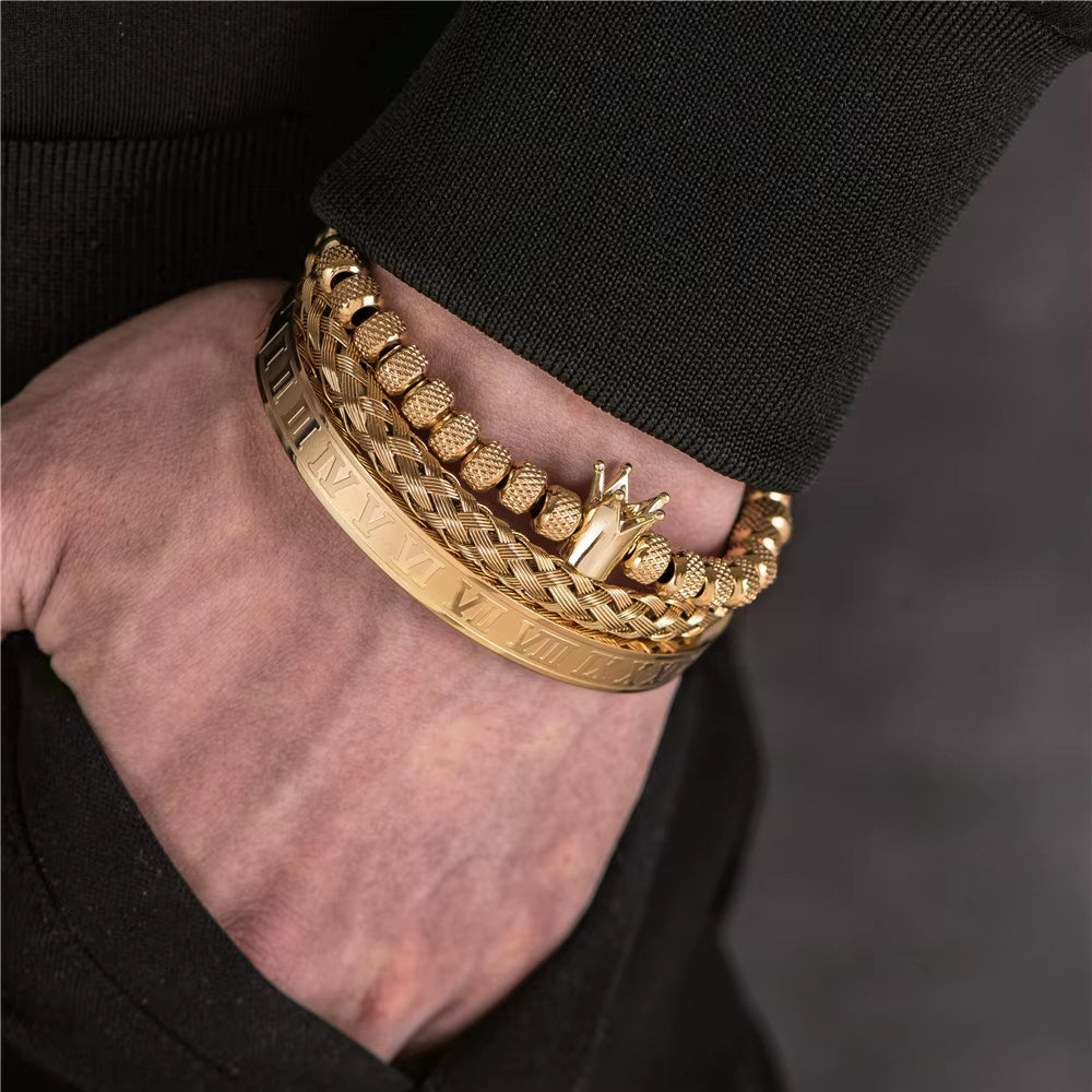 Unisex 3-piece stacked bracelet set with Roman numeral cuff, braided leather band, and beaded macrame
