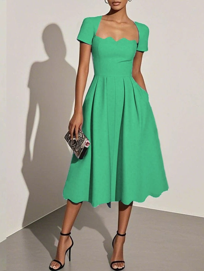 Black asymmetric A-line midi dress with square neck and short sleeves, elegant formal cocktail style