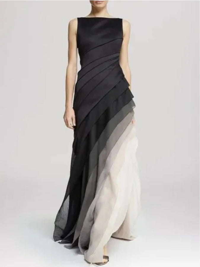 Black ombre high waist sleeveless tulle maxi dress with ethereal gradient hem from black to grey
