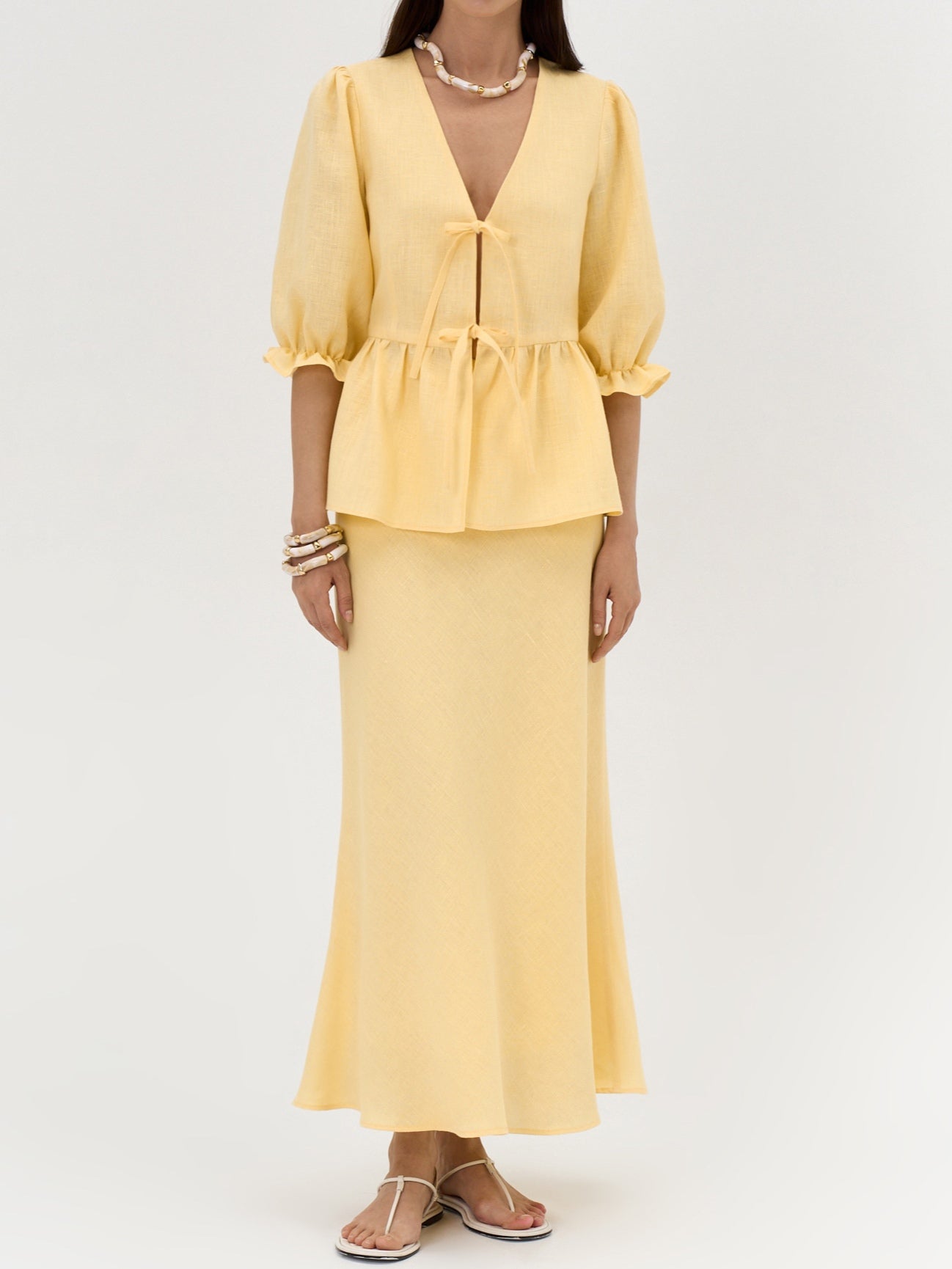 Yellow linen two-piece suit women tie-up V-neck puff sleeve top high waist skirt elegant office wear