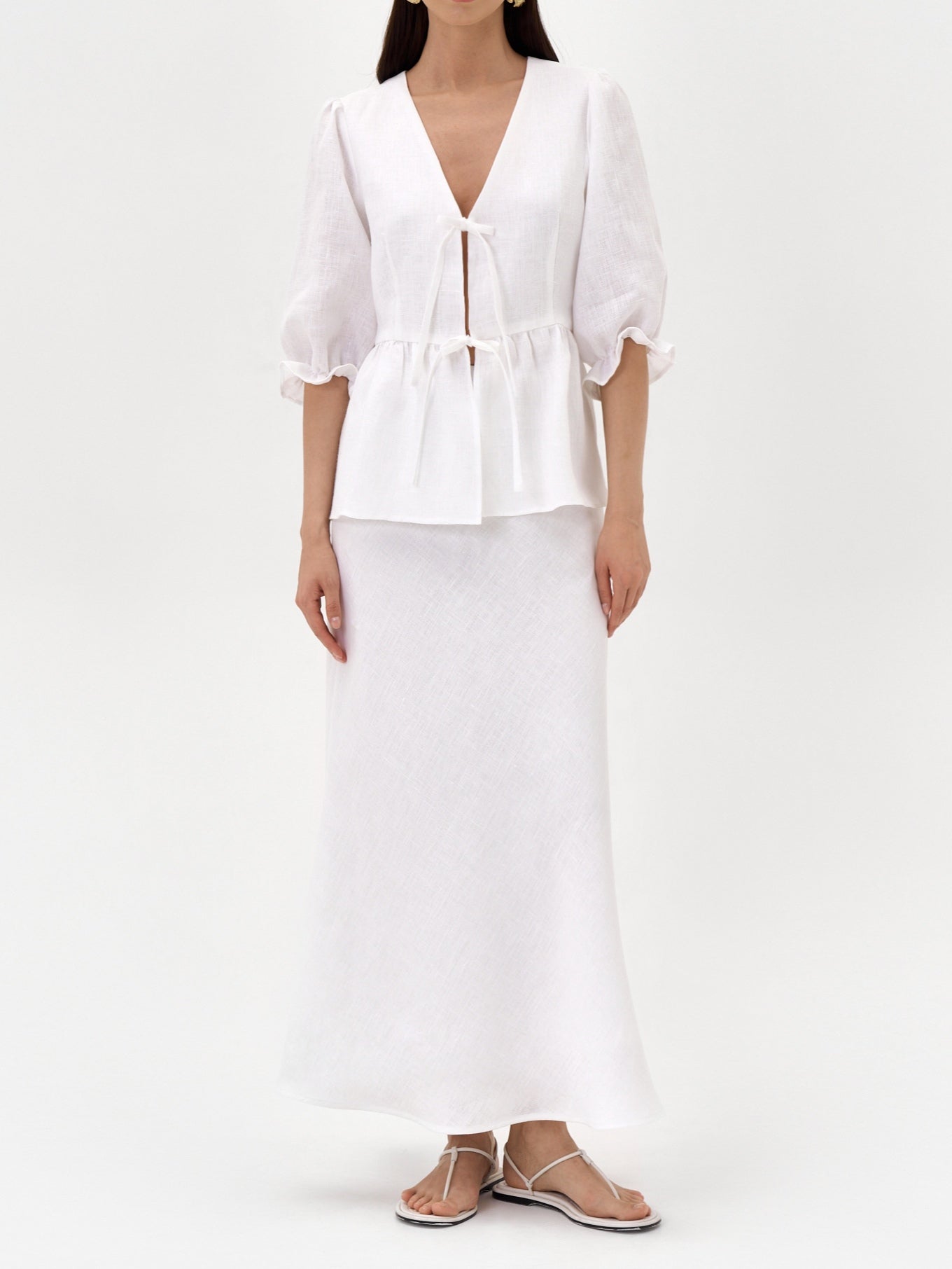 Yellow linen two-piece suit set women tie-up V-neck puff sleeve top high waist skirt elegant office wear