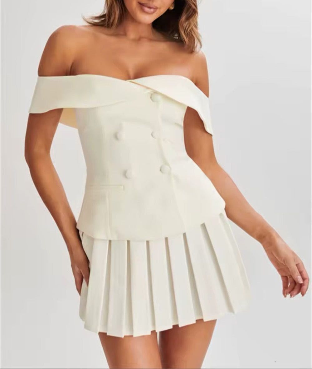 Women's ivory one-shoulder pleated skirt suit set with cold-shoulder detail for office or evening