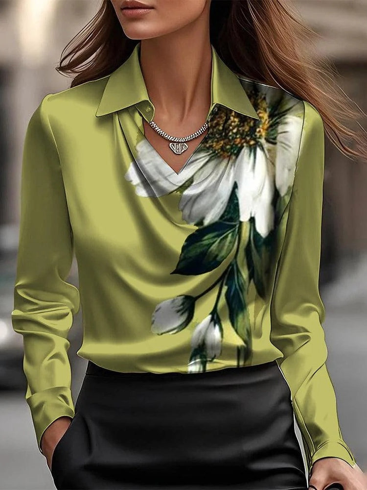 Women's floral satin blouse swing collar long sleeves elegant spring fall top