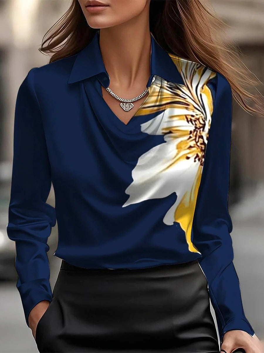 Women's floral satin blouse swing collar long sleeves elegant spring fall top