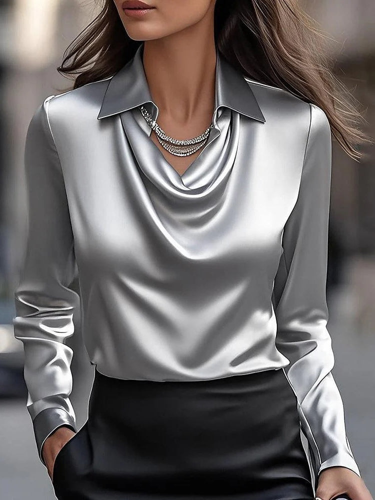 Women's floral satin blouse swing collar long sleeves elegant spring fall top
