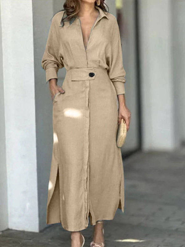 Women's elegant midi shirt dress long sleeve V-neck solid color polyester cotton blend with pockets
