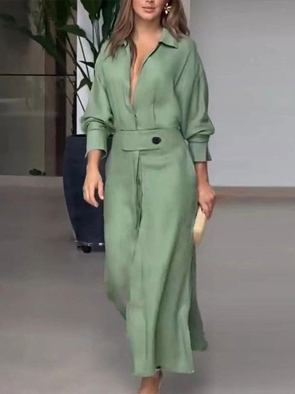 Women's elegant midi shirt dress in solid color, long sleeve V-neck with practical pockets, polyester cotton blend