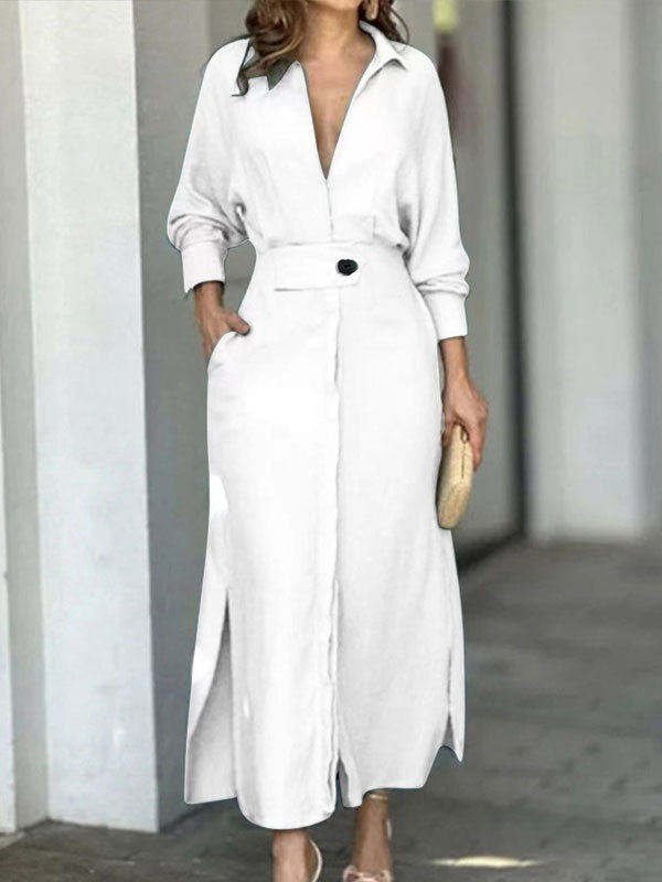 Women's elegant midi shirt dress long sleeve V-neck solid color with side pockets polyester cotton blend