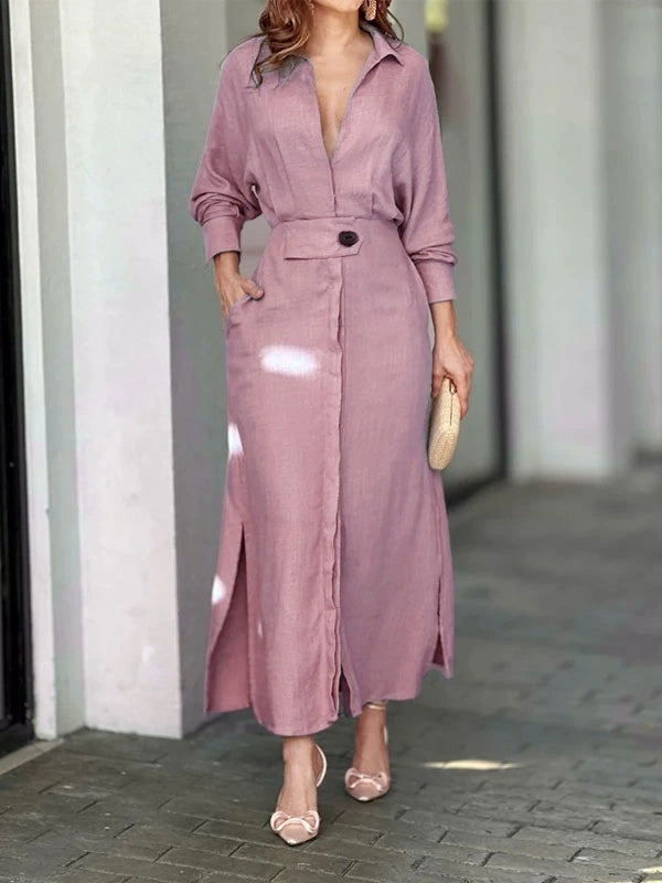 Women's elegant midi shirt dress in solid color, long sleeve V-neck with side pockets, polyester cotton blend
