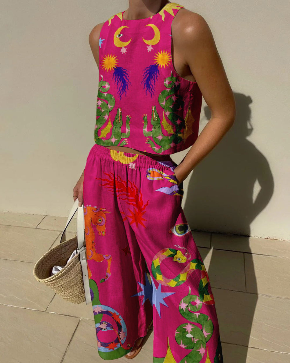 Women's printed tank and elastic waist pants set, sleeveless two-piece with pockets