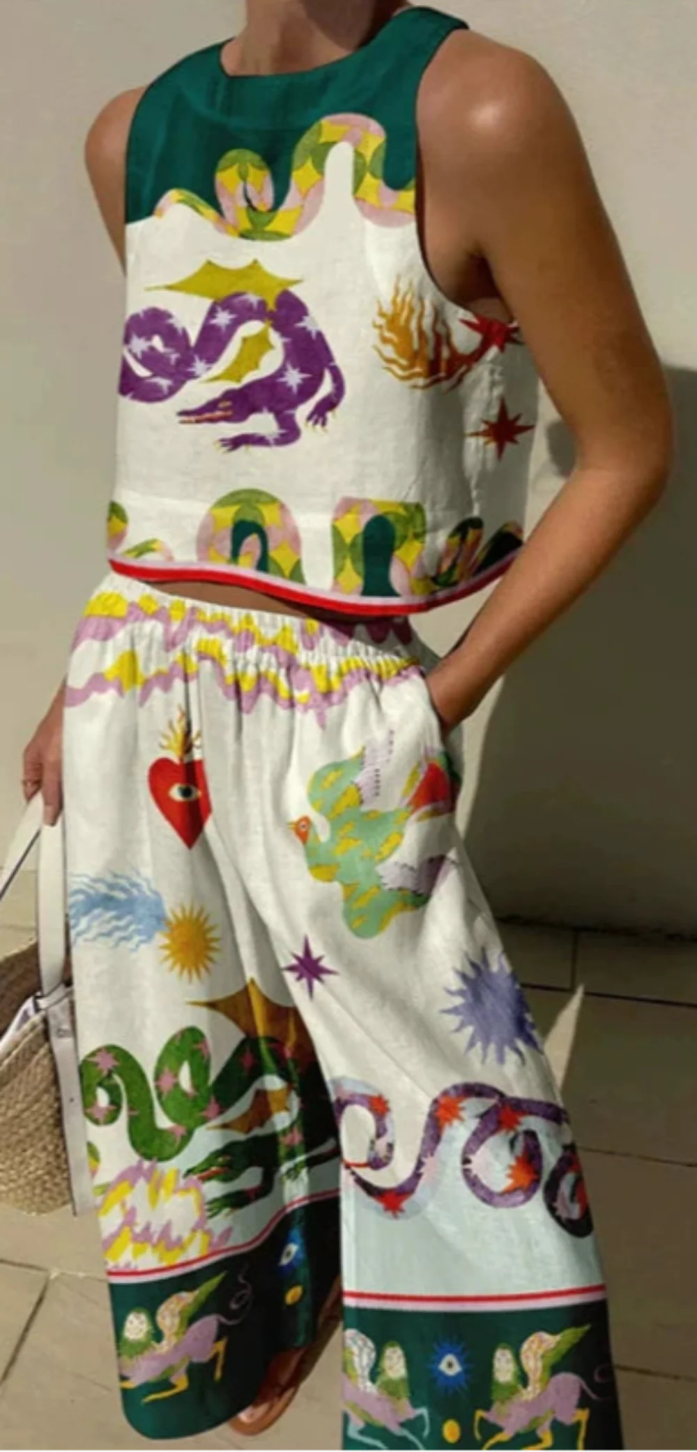 Women's printed tank and elastic waist pants set with pockets, relaxed fit, vibrant matching print