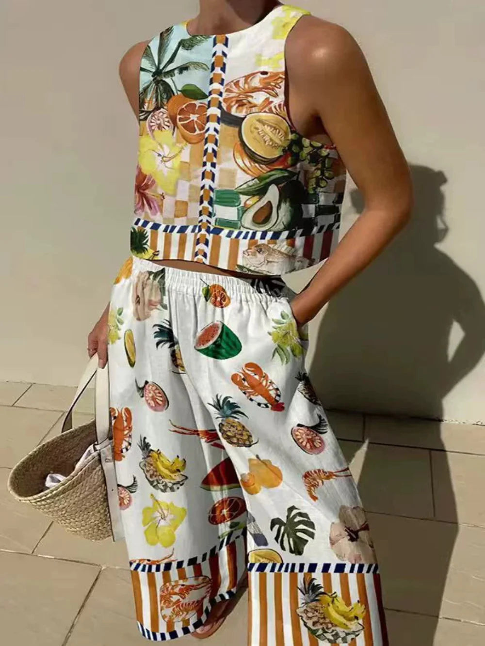 Women's printed tank and elastic waist pants set, relaxed fit two-piece with side pockets