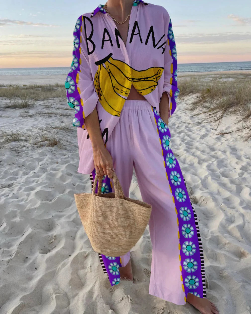 Women's banana print two-piece beachwear set casual polyester vacation outfit for spring summer