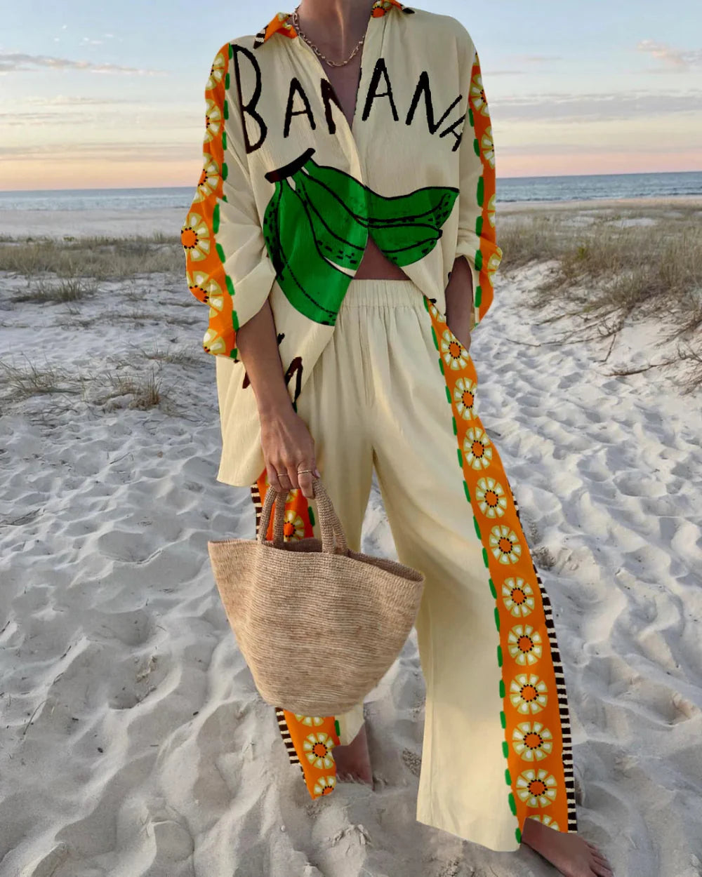 Women's banana print two-piece beachwear set casual polyester vacation outfit for spring summer