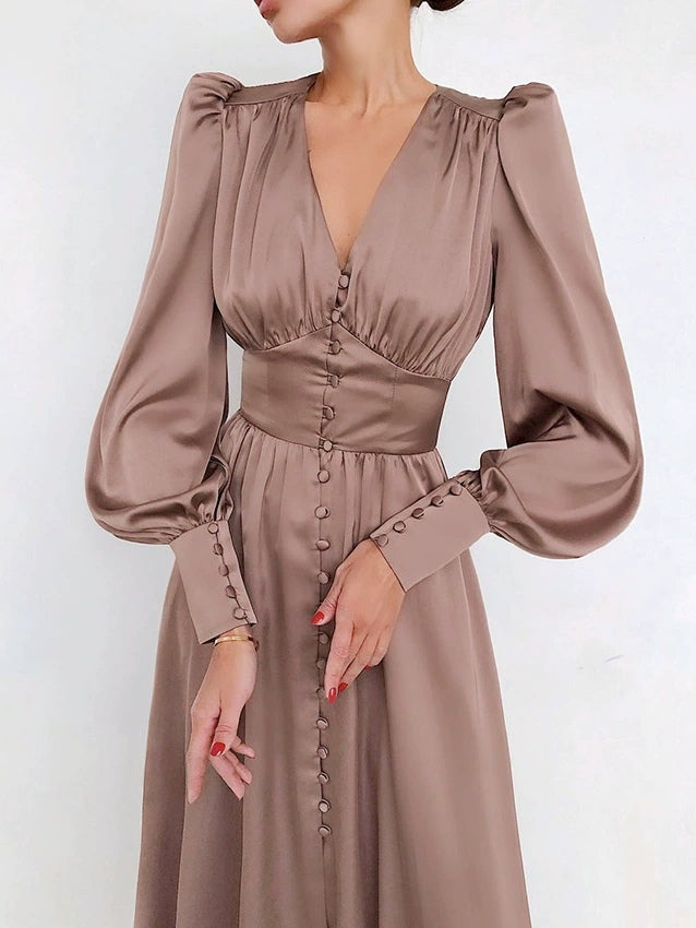Women's satin midi dress deep V-neck balloon sleeves elegant evening flattering silhouette solid color