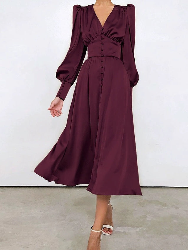 Women's satin midi dress deep V-neck balloon sleeves solid elegant evening flattering silhouette