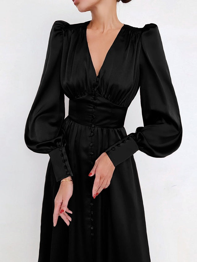 Women's satin midi dress balloon sleeves V-neck elegant eveningwear flattering silhouette solid color