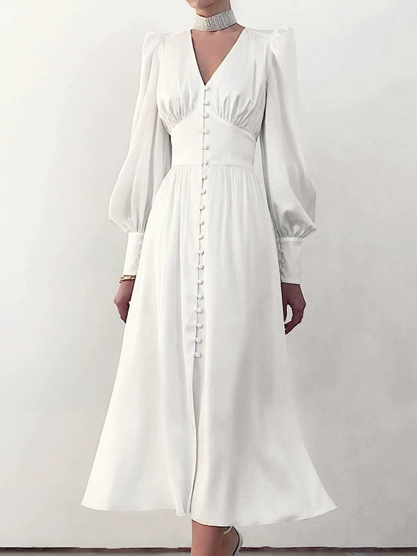 Women's satin midi dress deep V-neck balloon sleeves elegant evening silhouette solid color