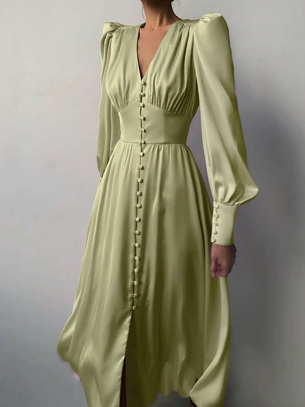 Women's satin midi dress deep V-neck balloon sleeves elegant eveningwear flattering silhouette