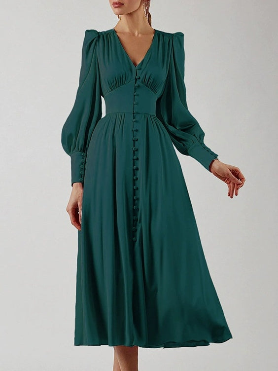 Women's satin midi dress deep V-neck balloon sleeves elegant eveningwear flattering silhouette