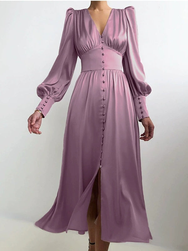 Women's satin midi dress deep V-neck balloon sleeves elegant evening solid color flattering silhouette