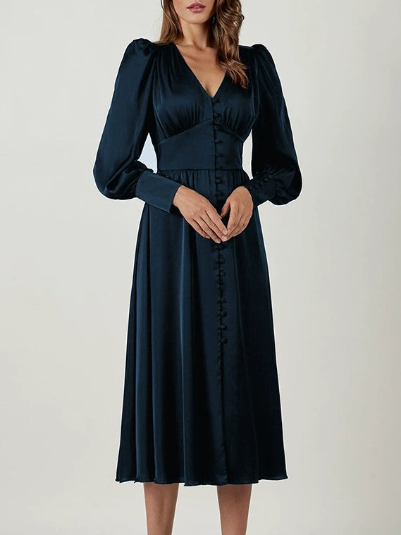 Women's satin midi dress deep V-neck balloon sleeves elegant eveningwear solid color flattering silhouette