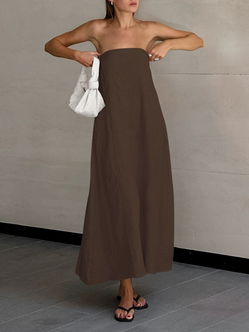 Women's strapless linen A-line long dress, solid casual summer style with breathable woven fabric