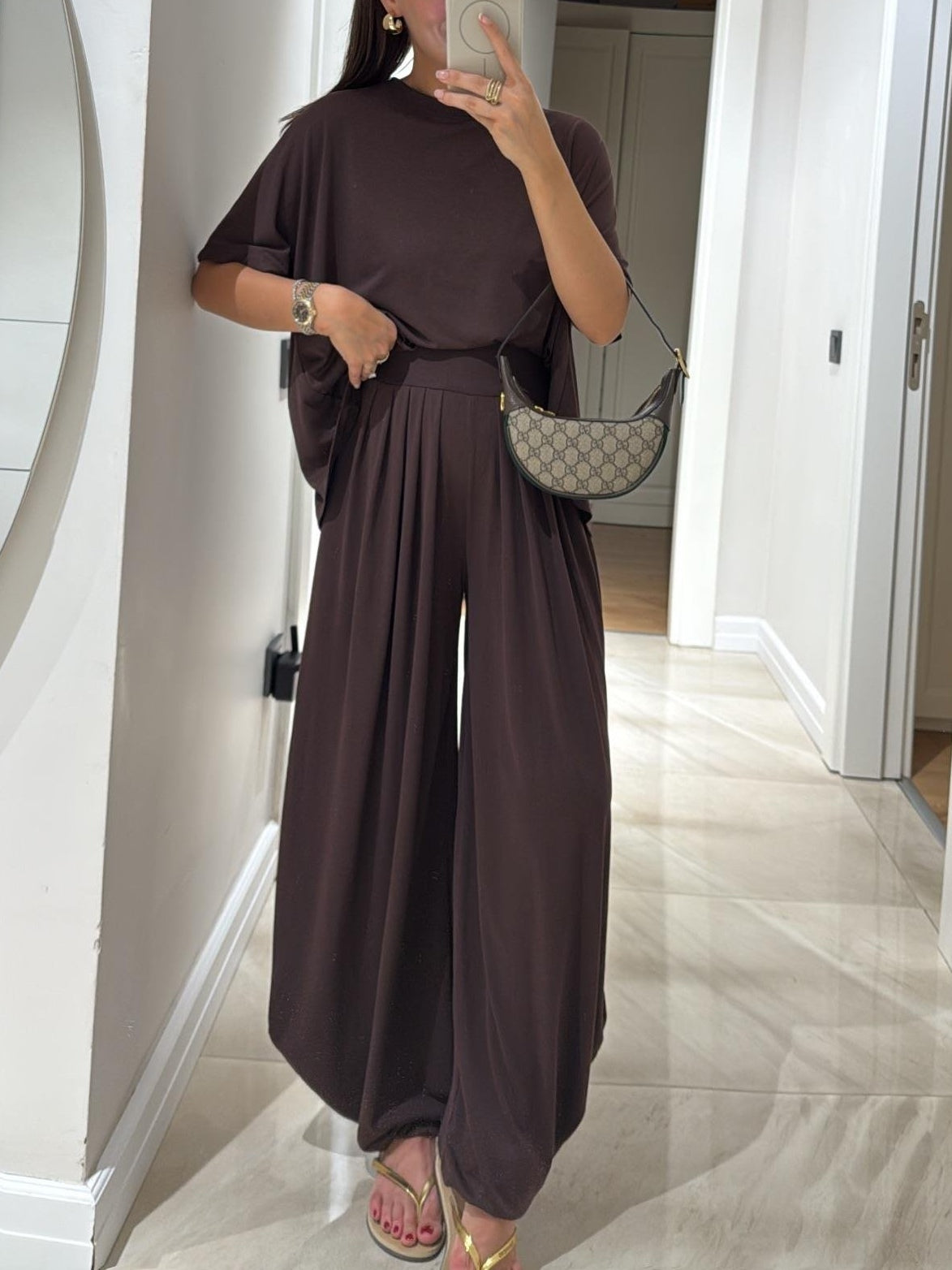Light grey cotton-modal casual top and wide leg pants set women relaxed fit breathable comfort